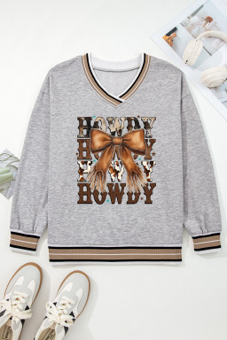 Gray Western HOWDY Bow Graphic V Neck Varsity Sweatshirt