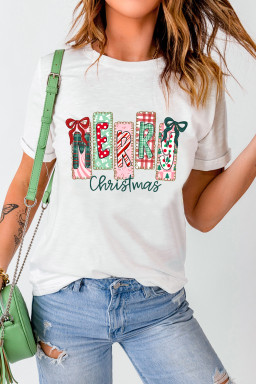 White Merry Christmas Ribbon Bow Detail Holiday Graphic Tee