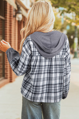 Gray Plaid Patchwork Long Sleeve Button Hooded Blouse