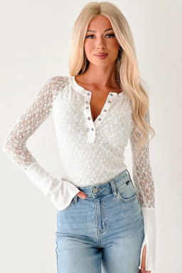White Sheer Lace Long Sleeve Slim Henley Top