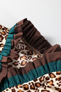 Brown Leopard Print Frill Stand Neck Button Long Sleeve Shirt