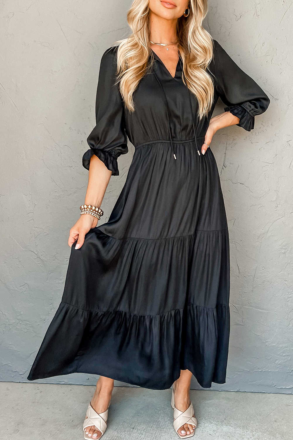 Black Flounced Bracelet Sleeve V Neck Tiered Maxi Dress
