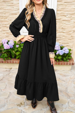 Black Leopard Contrast Color Ruffle Bracelet Sleeve Midi Dress