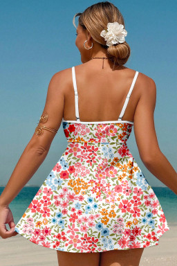 Red Floral Print Ricrac Trim Spaghetti Strap One Piece Swim Dress