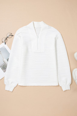 White Solid Color Zipper V Neck Pullover Sweatshirt