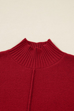 Fiery Red Ribbed High Neck Front Pockets Center Seam Sweater Dress