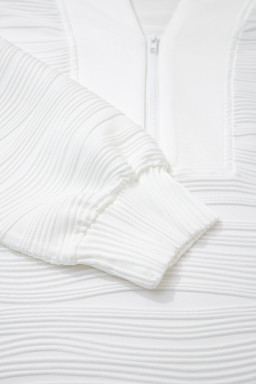 White Solid Color Zipper V Neck Pullover Sweatshirt