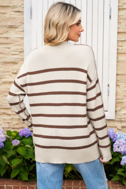 Brown Striped Exposed Seam Loose Henley Sweater