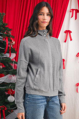 Gray Waffle Splicing Zip Up Front Button Hooded Jacket