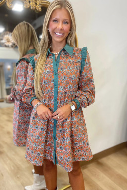 Orange Boho Floral Contrast Collared Shirt Mini Dress