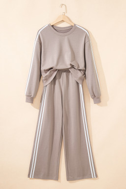 Gray Morn Varsity Striped Detail Cropped Pullover Wide Leg Pants 2pcs Outfit