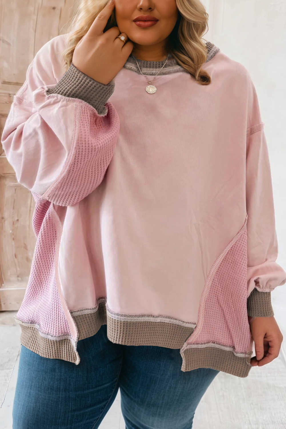 Light Pink Plus Color Block Waffle Patchwork Exposed Seam Baggy Sweatshirt