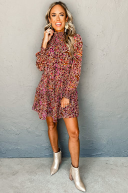 Red Floral Print Long Sleeve Shirred High Neck Loose Mini Dress