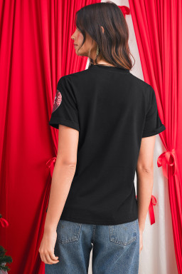 Black Sequin Christmas Graphic Patch Application Crewneck T Shirt
