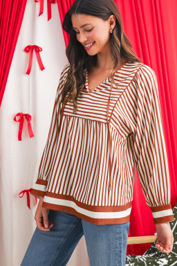 Brown Striped Drawstring V Neck Blouse