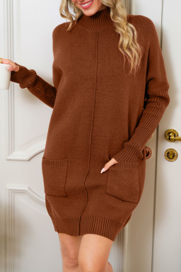 Chestnut Ribbed High Neck Front Pockets Center Seam Shift Sweater Dress