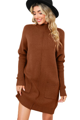 Chestnut Ribbed High Neck Front Pockets Center Seam Shift Sweater Dress