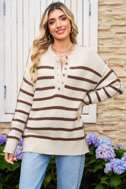 Brown Striped Exposed Seam Loose Henley Sweater