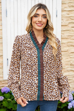 Brown Leopard Print Frill Stand Neck Button Long Sleeve Shirt