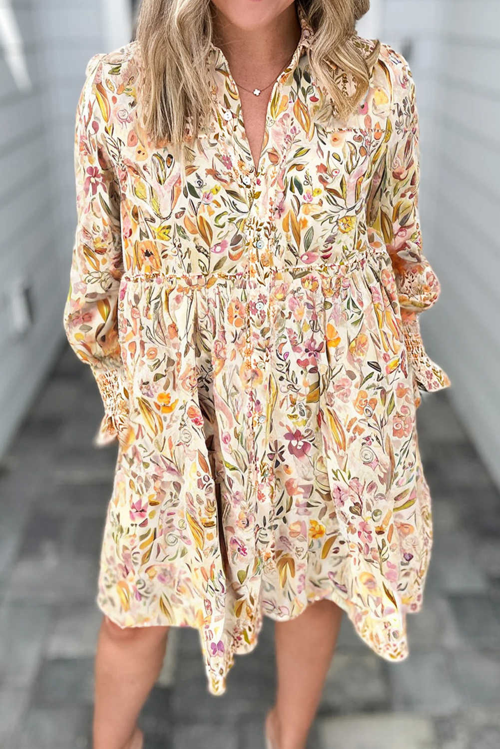 Yellow Floral Print Frilly Trim Smocked Cuff Long Sleeve Loose Shirt Dress