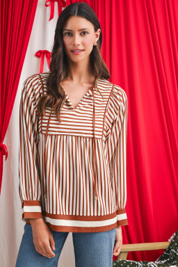 Brown Striped Drawstring V Neck Blouse