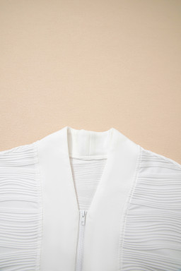 White Solid Color Zipper V Neck Pullover Sweatshirt
