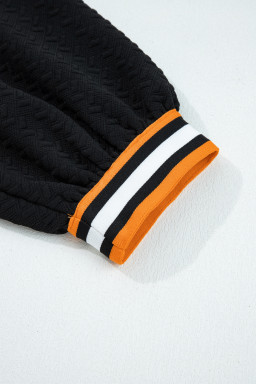 Black Textured V Neck Colorblock Cuffs Sweatshirt