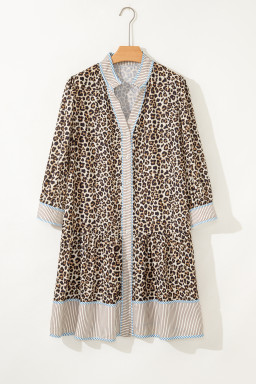 Khaki Plus Size Leopard Print Striped Trim V Neck Drop Waist Long Sleeve Mini Dress