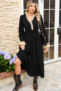 Black Leopard Contrast Color Ruffle Bracelet Sleeve Midi Dress