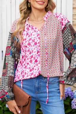 Pink Boho Mixed Floral Patchwork Drop Shoulder Bubble Sleeve Blouse