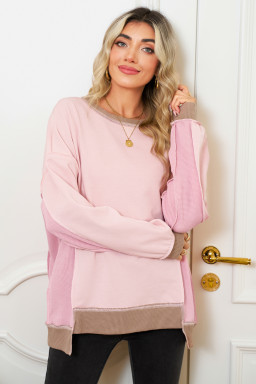 Light Pink Colorblock Waffle Patchwork Oversize Sweatshirt