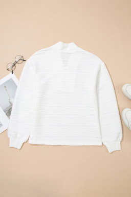 White Solid Color Zipper V Neck Pullover Sweatshirt