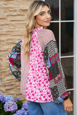 Pink Boho Mixed Floral Patchwork Drop Shoulder Bubble Sleeve Blouse