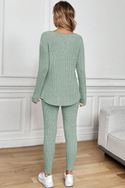 Grass Green Ribbed Notched Neck Knit Long Sleeve Leggings Two Pieces Lounge Set