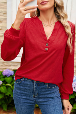 Racing Red Casual Button V Neck Long Sleeve Top