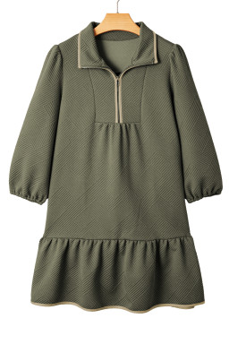 Jungle Green  Quarter Zip Collar Bracelet Sleeve Textured Mini Dress