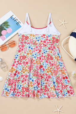 Red Floral Print Ricrac Trim Spaghetti Strap One Piece Swim Dress