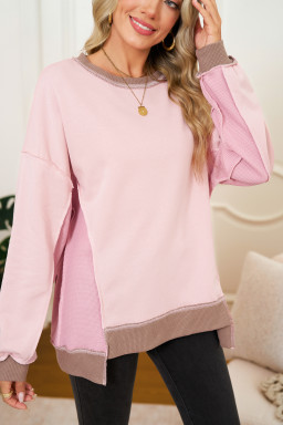 Light Pink Colorblock Waffle Patchwork Oversize Sweatshirt