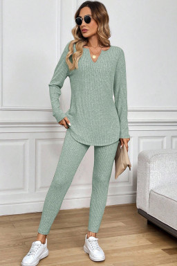 Grass Green Ribbed Notched Neck Knit Long Sleeve Leggings Two Pieces Lounge Set