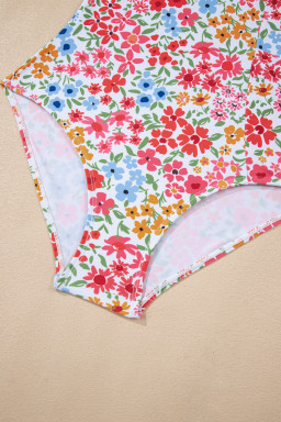 Red Floral Print Ricrac Trim Spaghetti Strap One Piece Swim Dress