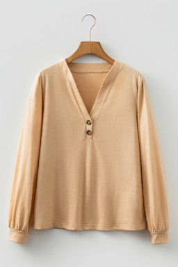 Light French Beige Casual Button V Neck Long Sleeve T-Shirt
