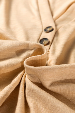 Light French Beige Casual Button V Neck Long Sleeve T-Shirt