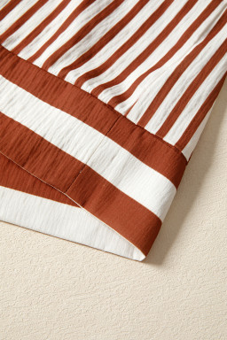 Brown Striped Drawstring V Neck Blouse