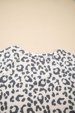 Gray Leopard Contrast Trim Long Sleeve Pullover and Pants Set