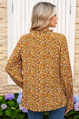 Orange Boho Floral Ruffled Bubble Sleeve V Neck Fall Blouse