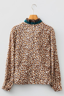 Brown Leopard Print Frill Stand Neck Button Long Sleeve Shirt