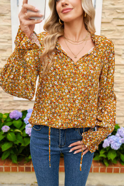 Orange Boho Floral Ruffled Bubble Sleeve V Neck Fall Blouse