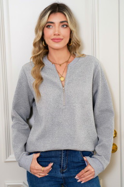 Medium Grey Solid Color Texture Zipper V Neck Sweatshirt