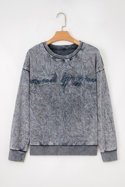 High-rise  saved by grace Letter Embroidery Mineral Wash Loose Sweatshirt
