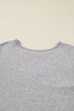 Gray Solid Lace Applique Round Neck Long Sleeve Top